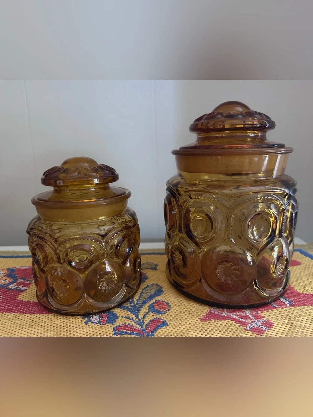 PAIR L.E. Smith Moon and Stars Canister Set with Lids - Amber Colored Glass